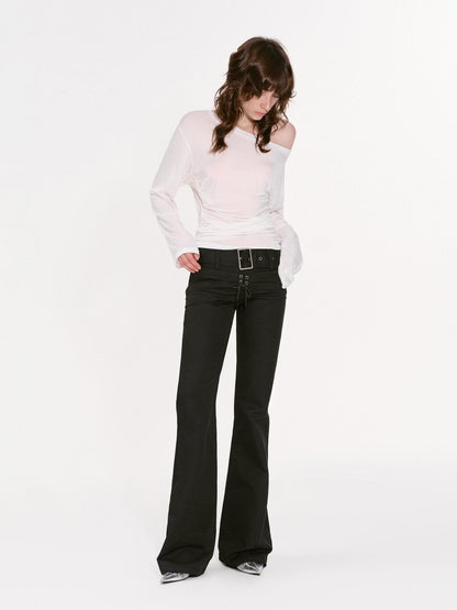 RUN TO THE FUTURE Classic Black Slim Fit Low Waist Belt Pockets Women&