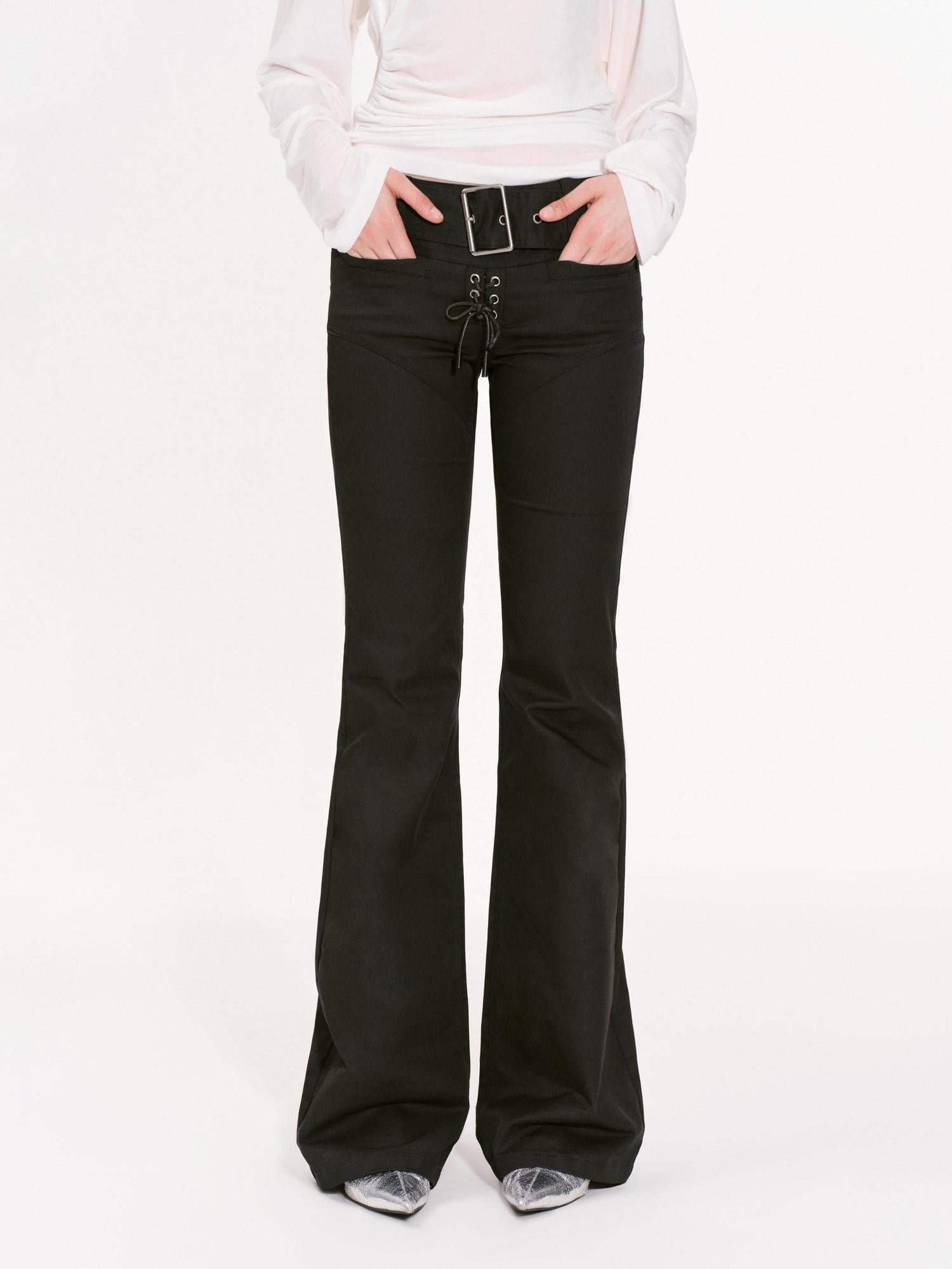 RUN TO THE FUTURE Classic Black Slim Fit Low Waist Belt Pockets Women&