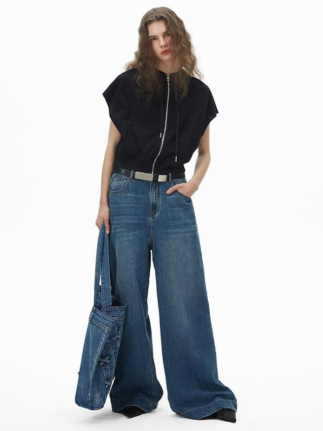 RUN TO THE FUTURE Coated Denim Multi Pocket Vintage Natural Waist Unisex Wide-Leg Jeans