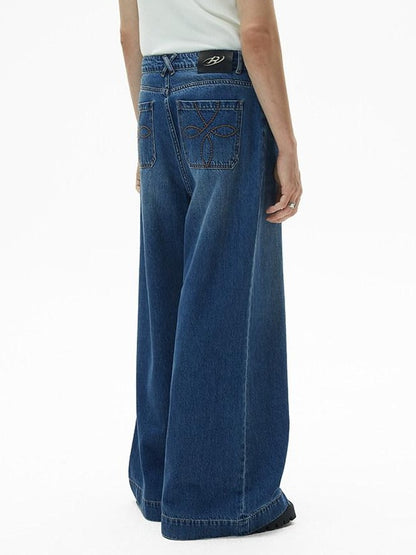 RUN TO THE FUTURE Coated Denim Multi Pocket Vintage Natural Waist Unisex Wide-Leg Jeans