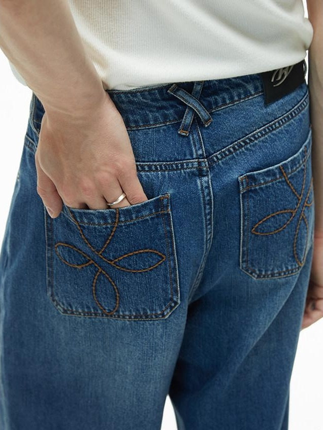 RUN TO THE FUTURE Coated Denim Multi Pocket Vintage Natural Waist Unisex Wide-Leg Jeans