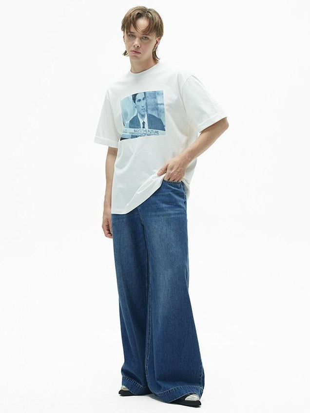 RUN TO THE FUTURE Coated Denim Multi Pocket Vintage Natural Waist Unisex Wide-Leg Jeans