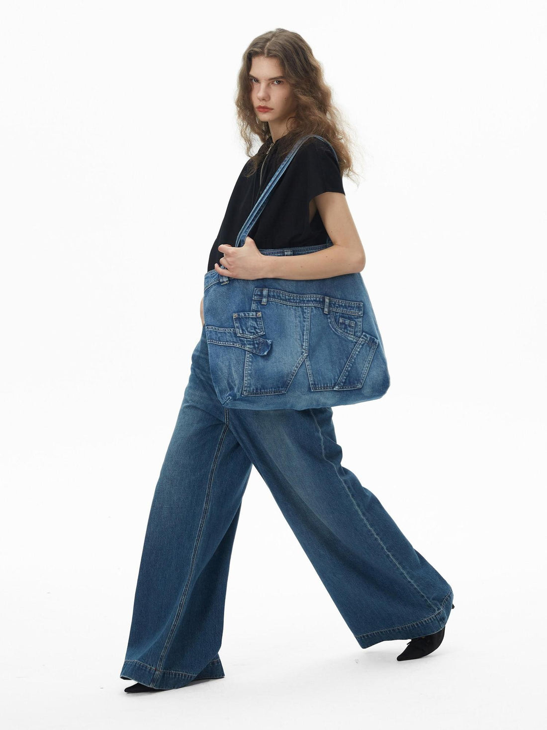 RUN TO THE FUTURE Coated Denim Multi Pocket Vintage Natural Waist Unisex Wide-Leg Jeans