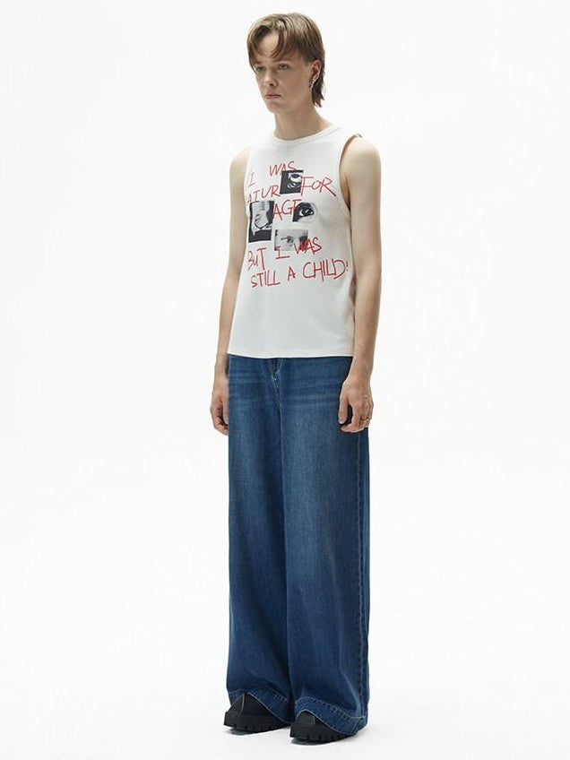 RUN TO THE FUTURE Coated Denim Multi Pocket Vintage Natural Waist Unisex Wide-Leg Jeans