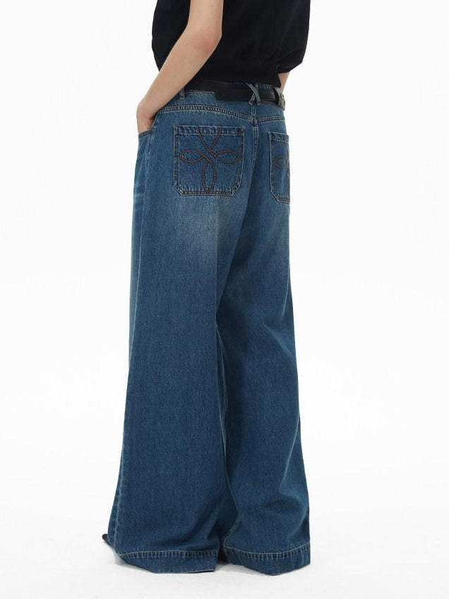 RUN TO THE FUTURE Coated Denim Multi Pocket Vintage Natural Waist Unisex Wide-Leg Jeans