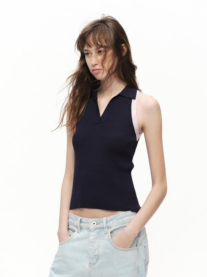 RUN TO THE FUTURE Colorblock Polo Collar Narrow Shoulder Slim Waist Women&
