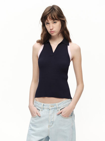 RUN TO THE FUTURE Colorblock Polo Collar Narrow Shoulder Slim Waist Women&