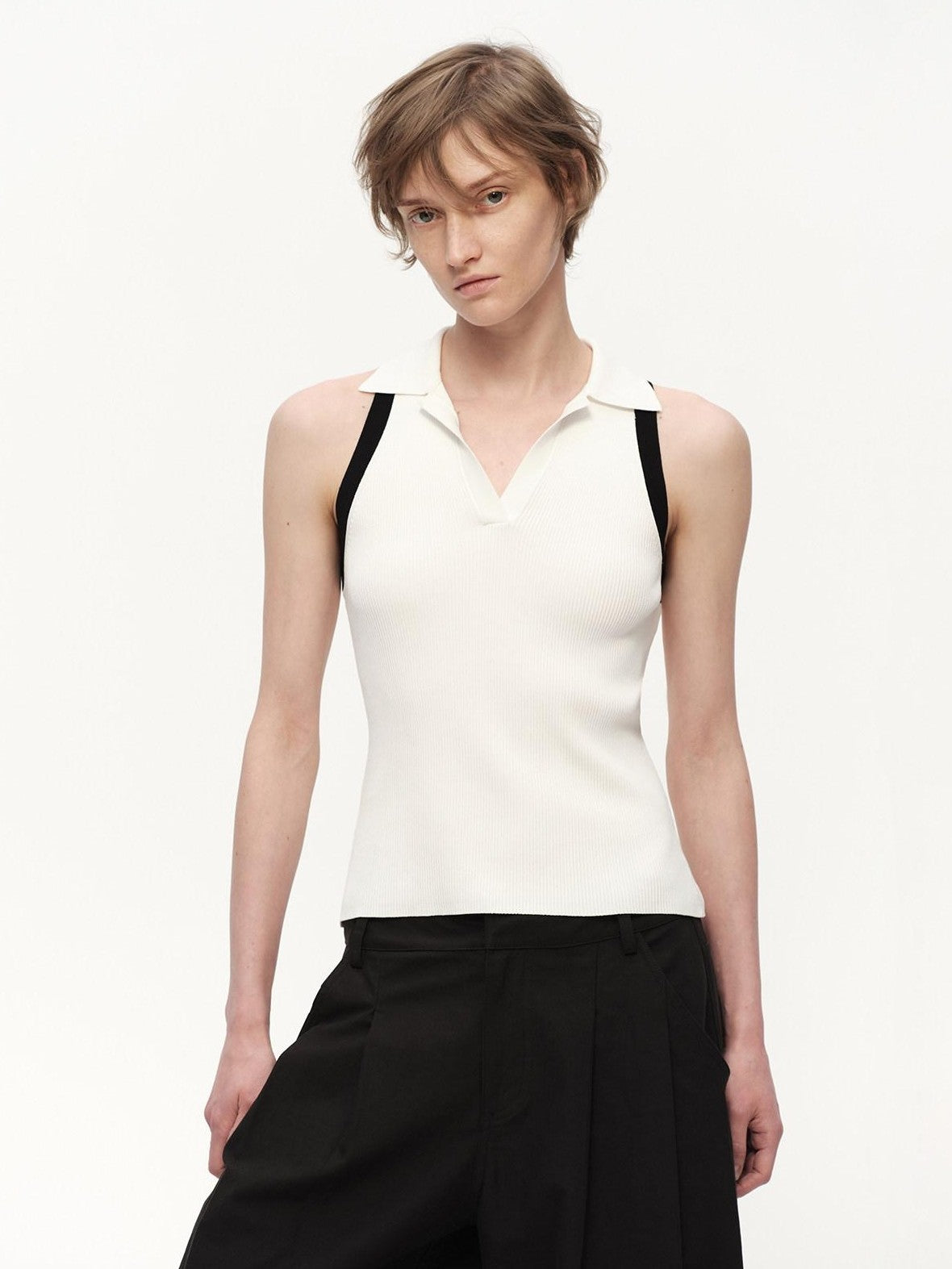 RUN TO THE FUTURE Colorblock Polo Collar Narrow Shoulder Slim Waist Women&