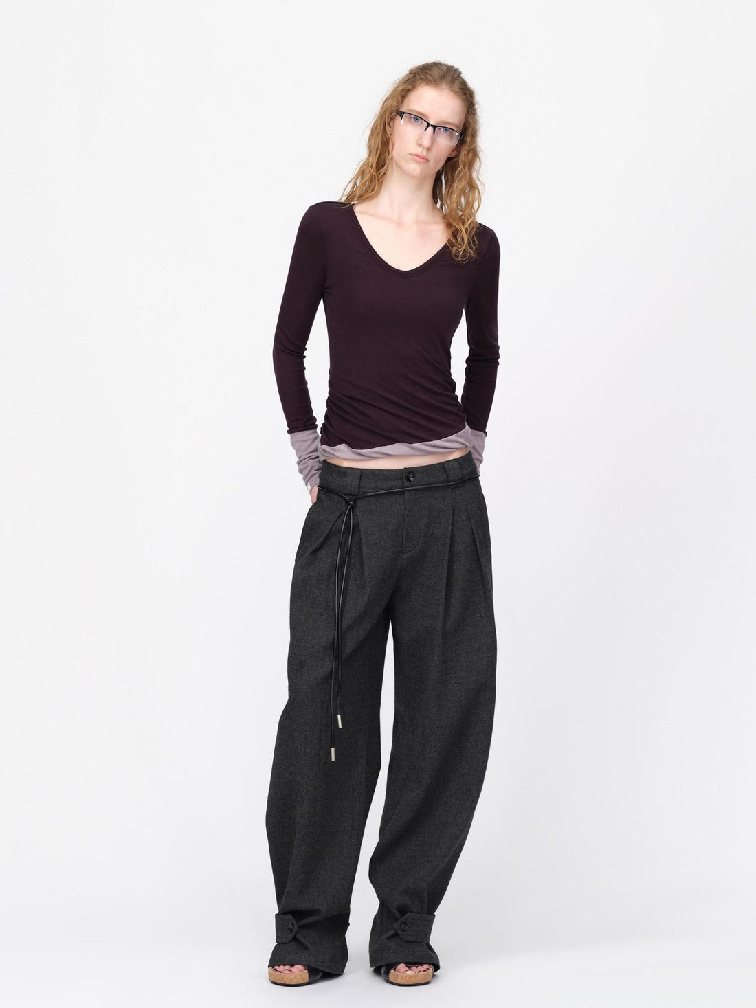 RUN TO THE FUTURE Colorblock Twisted Pleated V-neck Wool Blend Women&