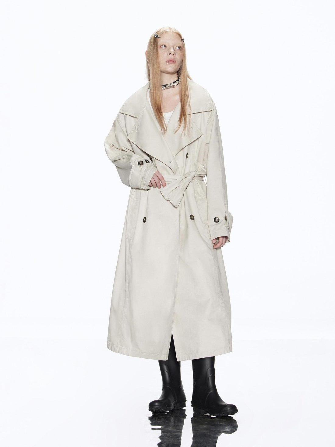 RUN TO THE FUTURE Cotton Blend Minimal Commuter Hooded Loose Long Button Women Khaki Trench Coats