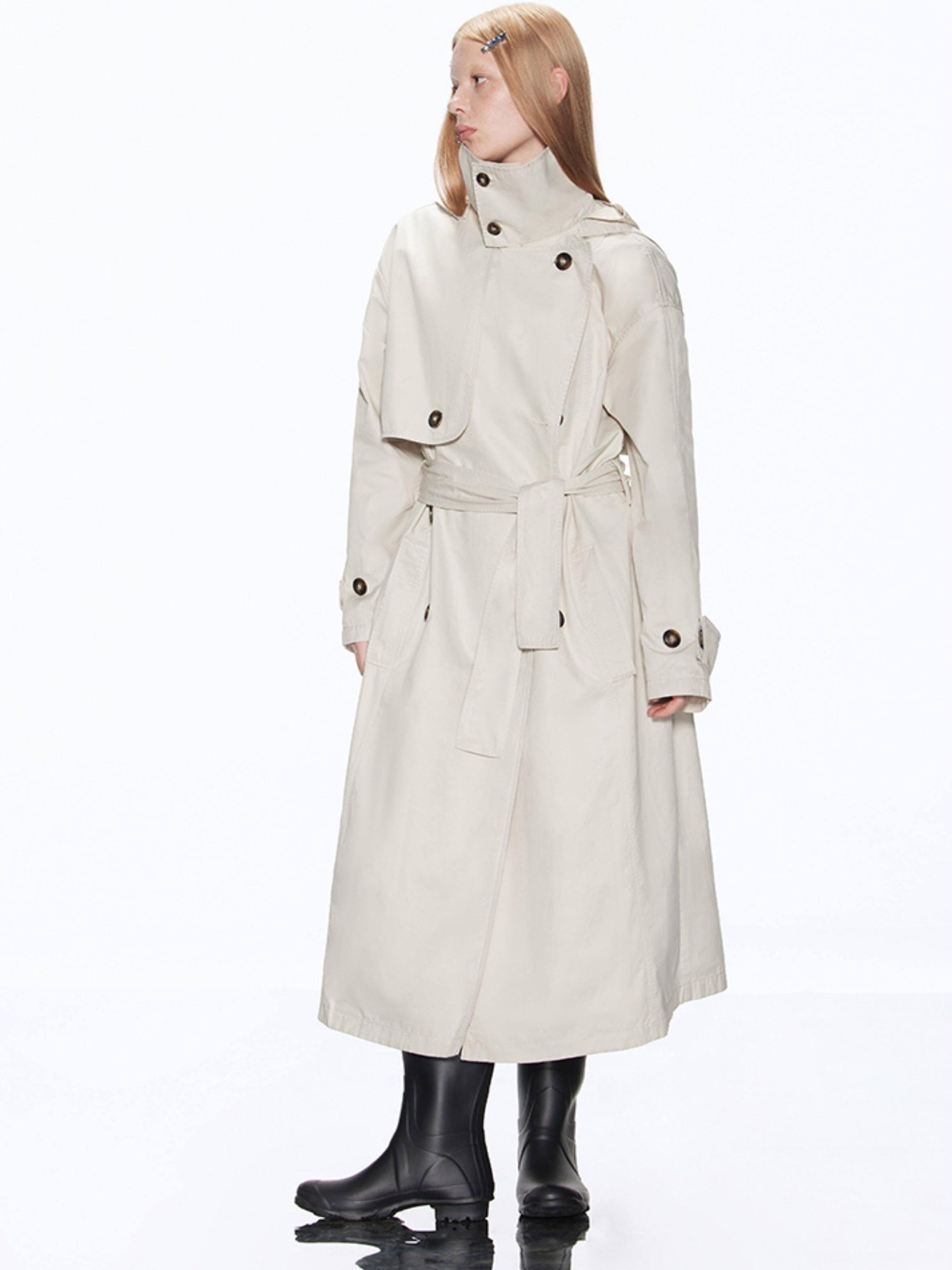 RUN TO THE FUTURE Cotton Blend Minimal Commuter Hooded Loose Long Button Women Khaki Trench Coats