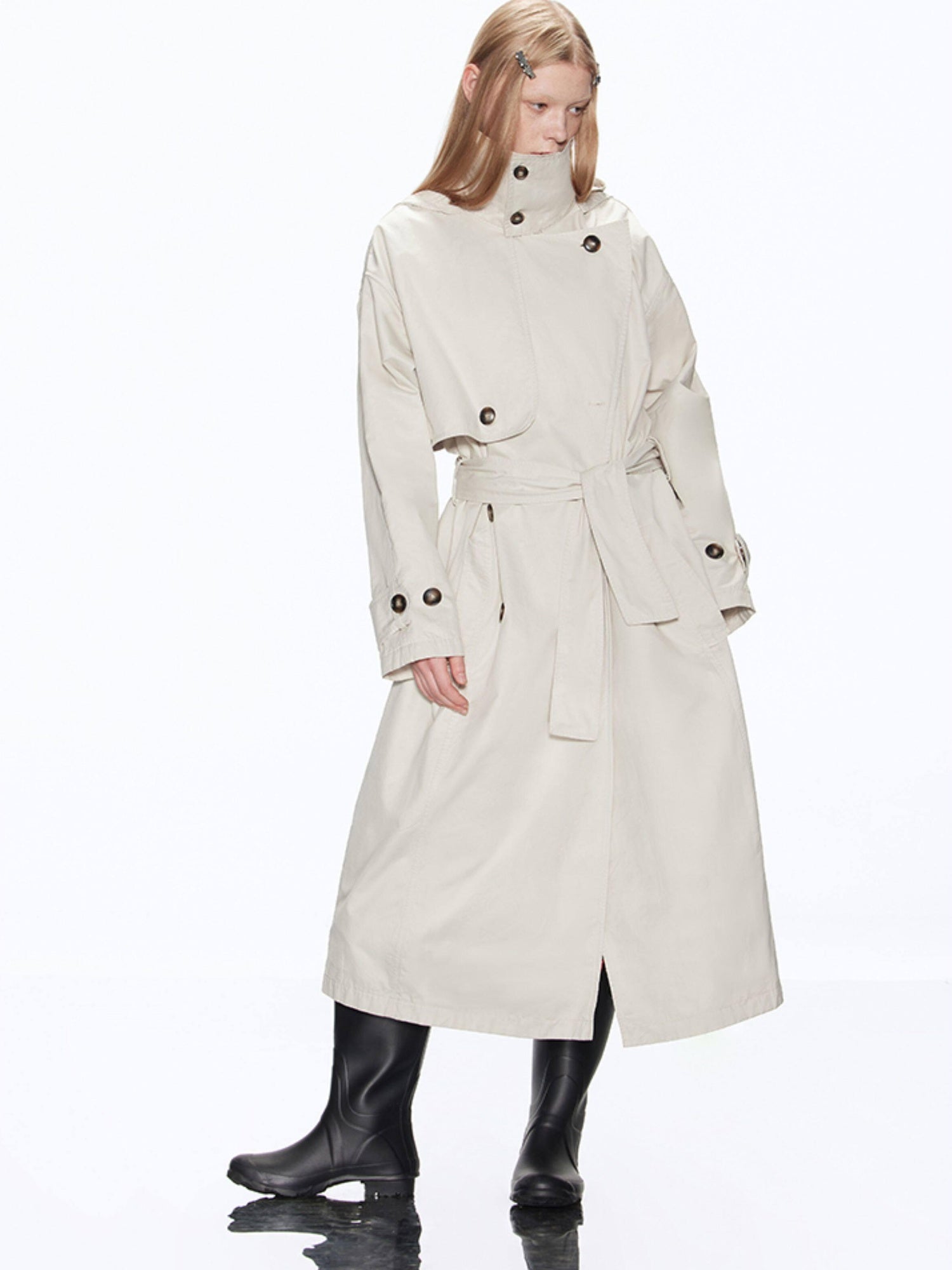 RUN TO THE FUTURE Cotton Blend Minimal Commuter Hooded Loose Long Button Women Khaki Trench Coats