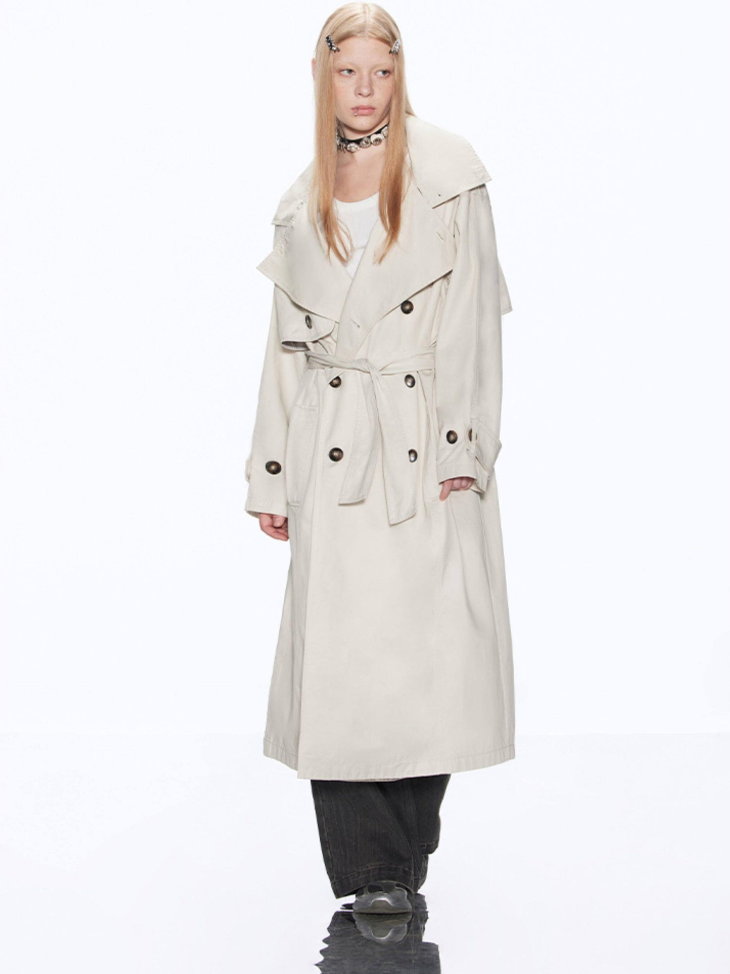 RUN TO THE FUTURE Cotton Blend Minimal Commuter Hooded Loose Long Button Women Khaki Trench Coats