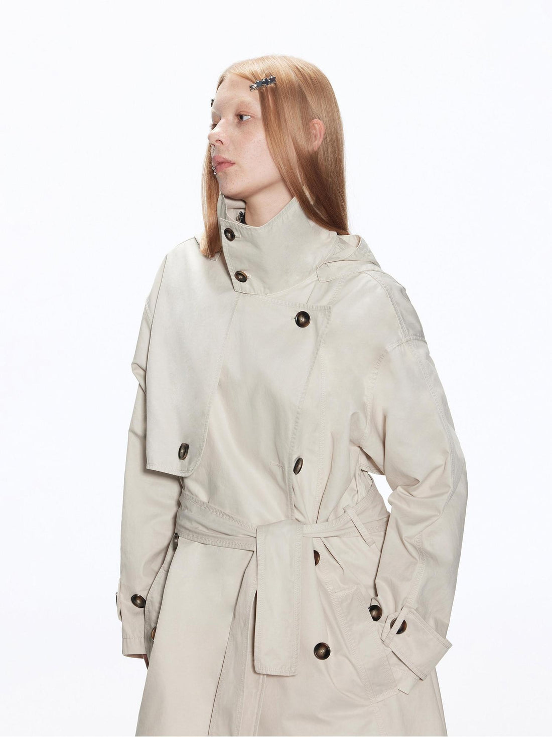 RUN TO THE FUTURE Cotton Blend Minimal Commuter Hooded Loose Long Button Women Khaki Trench Coats