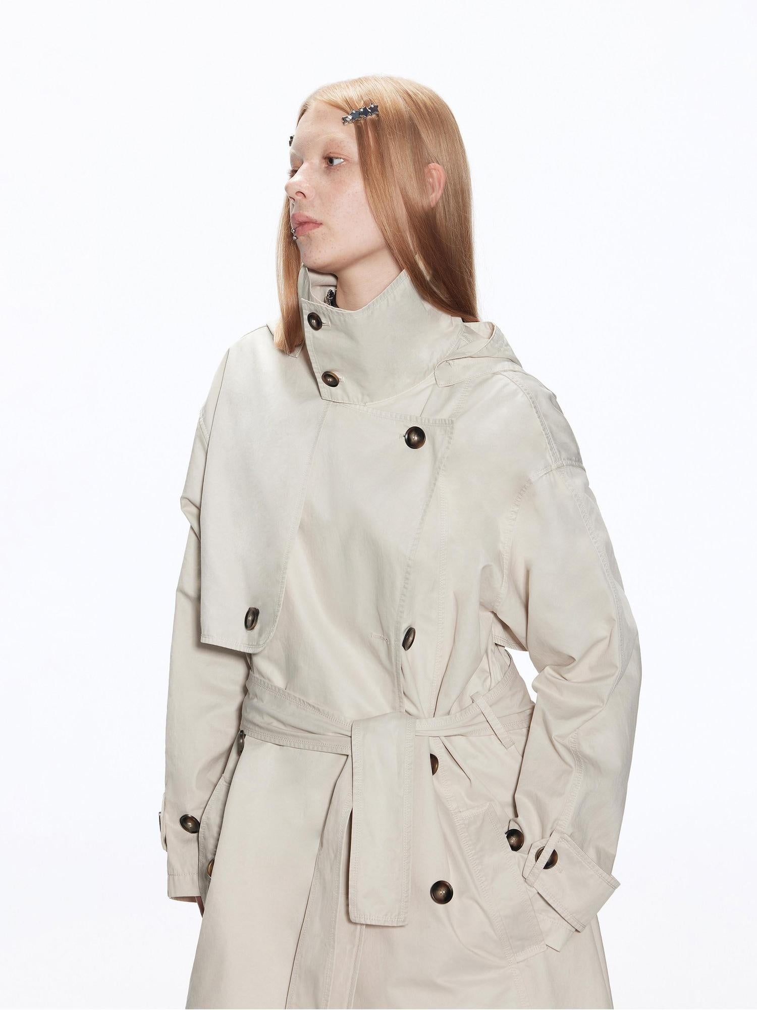 RUN TO THE FUTURE Cotton Blend Minimal Commuter Hooded Loose Long Button Women Khaki Trench Coats