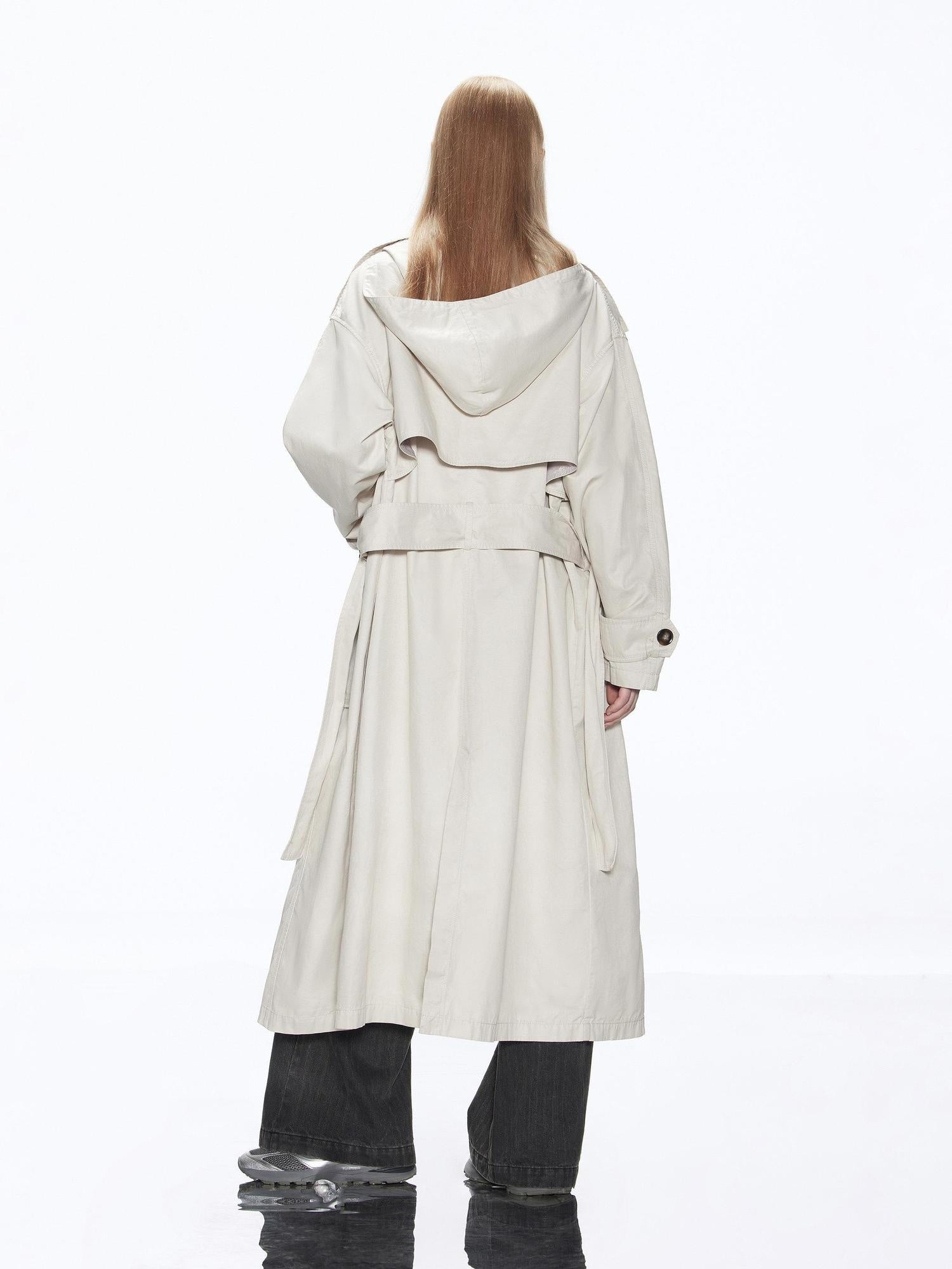 RUN TO THE FUTURE Cotton Blend Minimal Commuter Hooded Loose Long Button Women Khaki Trench Coats