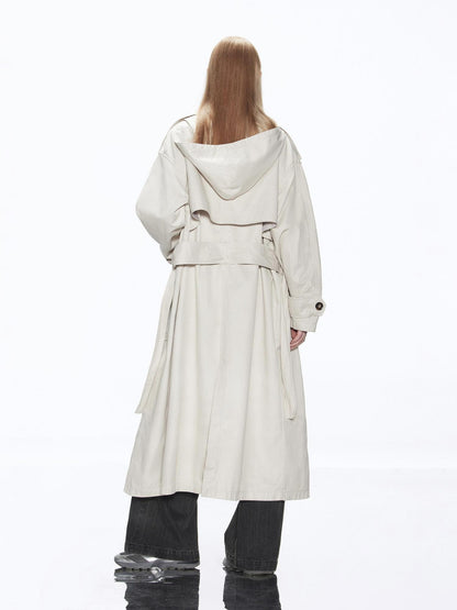 RUN TO THE FUTURE Cotton Blend Minimal Commuter Hooded Loose Long Button Women Khaki Trench Coats