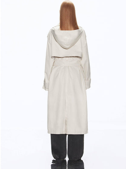 RUN TO THE FUTURE Cotton Blend Minimal Commuter Hooded Loose Long Button Women Khaki Trench Coats