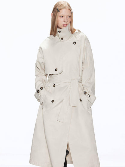RUN TO THE FUTURE Cotton Blend Minimal Commuter Hooded Loose Long Button Women Khaki Trench Coats