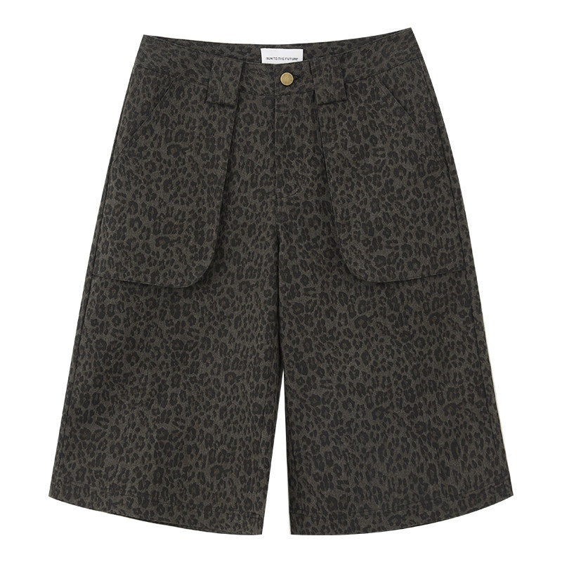 RUN TO THE FUTURE Cotton Leopard Minimalist Low Rise Pockets Women Pine Green Short Trousers