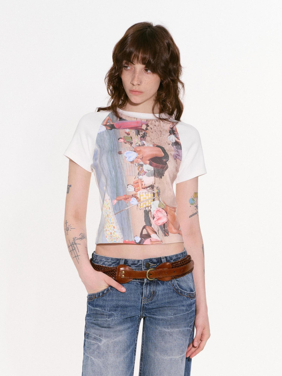 RUN TO THE FUTURE Cotton Stretch Slim Fit Printed Crew Neck Vintage Graphic Tee Crop Tops