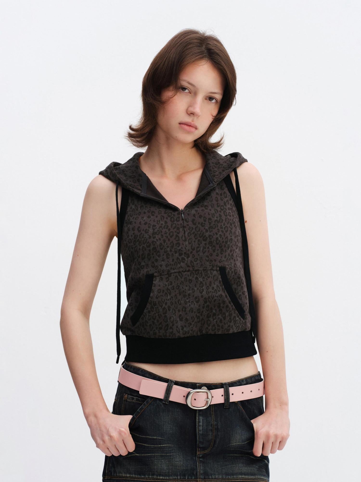 RUN TO THE FUTURE Cotton Terry Backless Hooded Slim Leopard Zip Cardigan Women Tank Tops