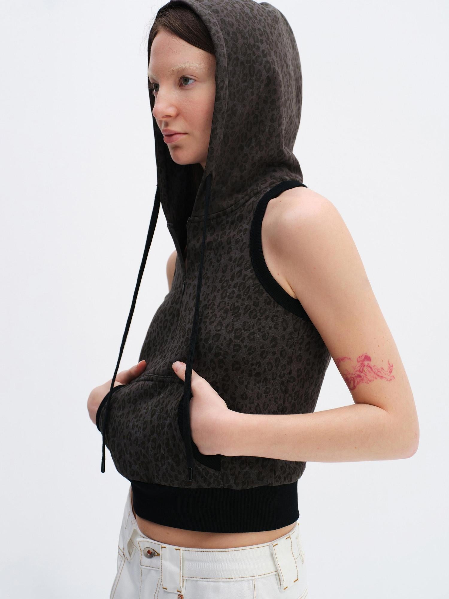 RUN TO THE FUTURE Cotton Terry Backless Hooded Slim Leopard Zip Cardigan Women Tank Tops