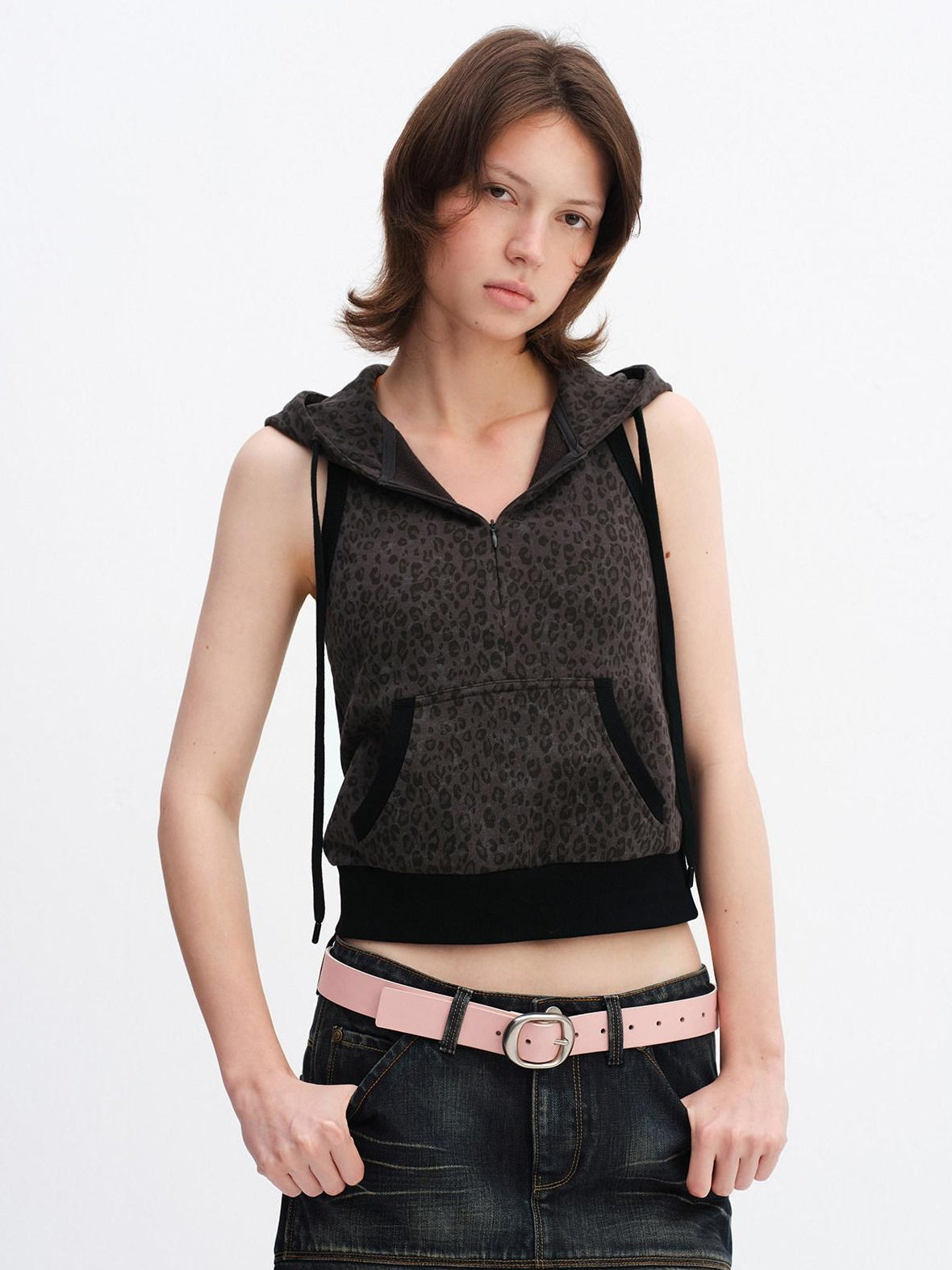 RUN TO THE FUTURE Cotton Terry Backless Hooded Slim Leopard Zip Cardigan Women Tank Tops