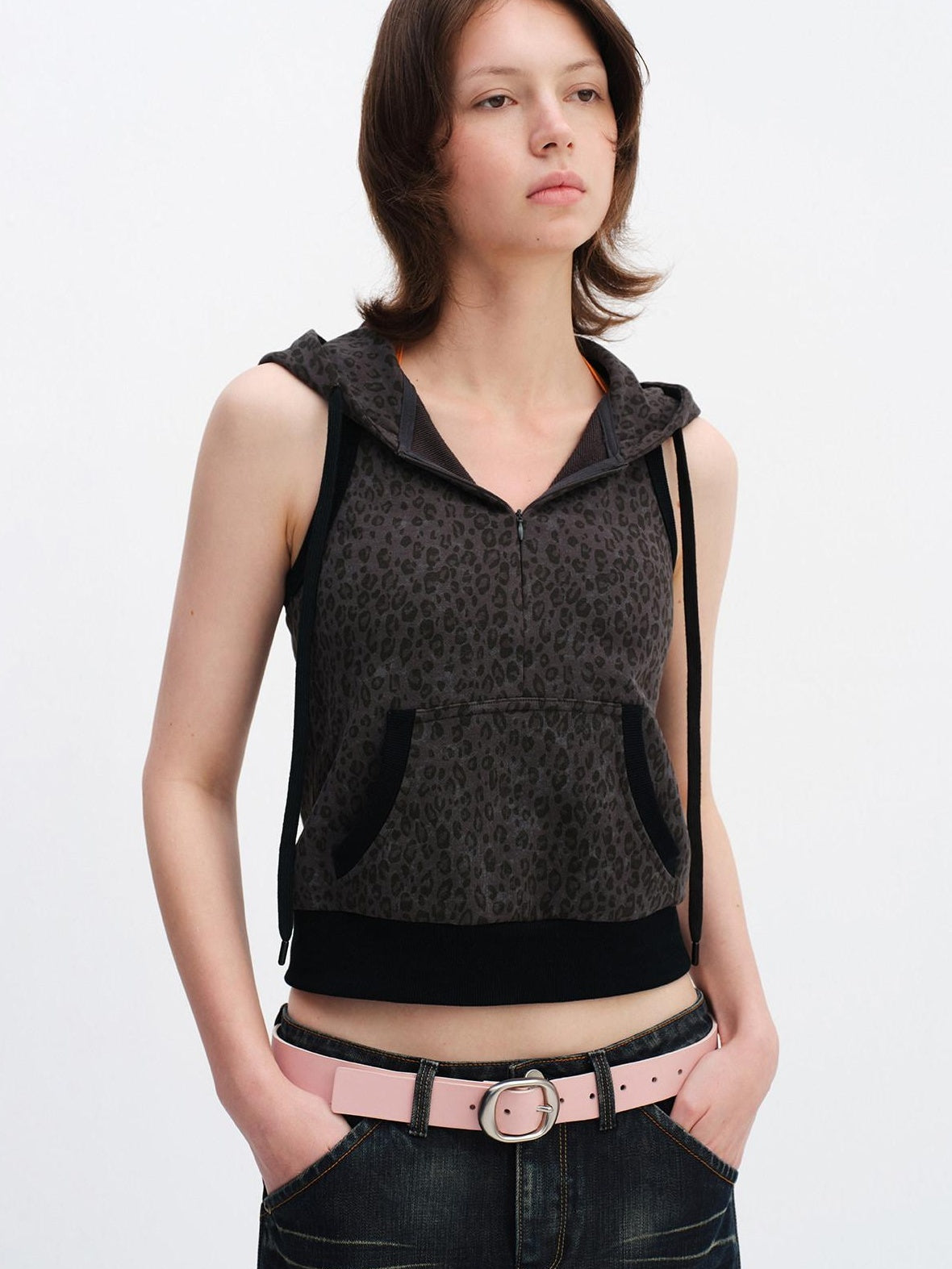 RUN TO THE FUTURE Cotton Terry Backless Hooded Slim Leopard Zip Cardigan Women Tank Tops