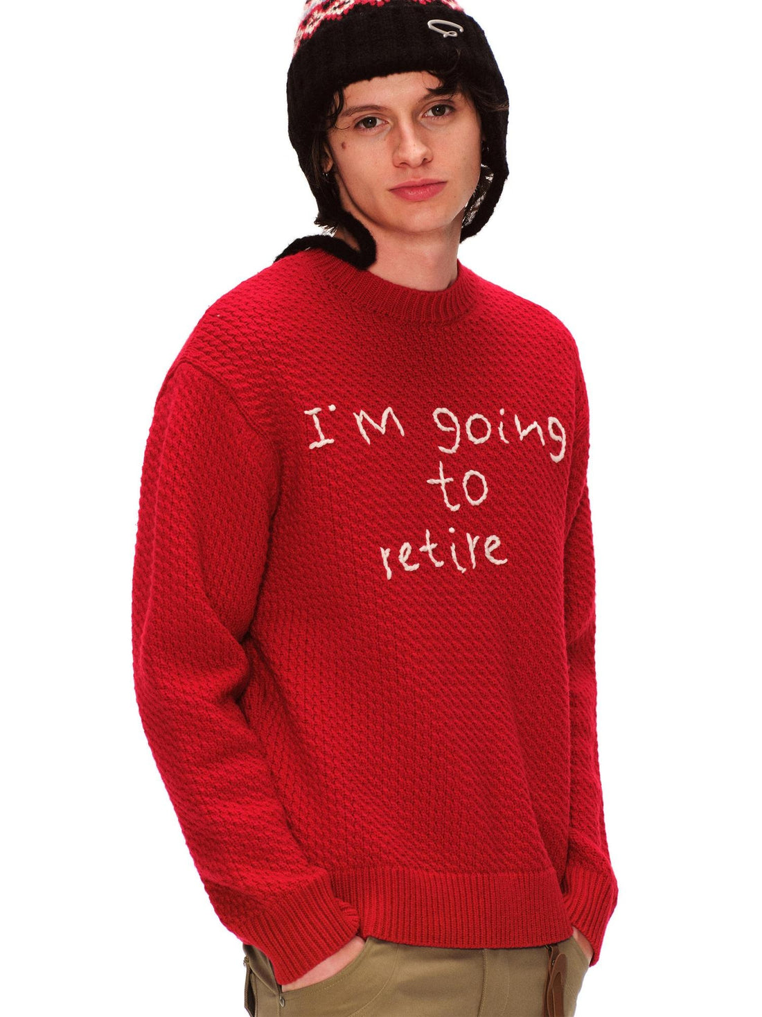 RUN TO THE FUTURE Cozy Knit Casual Loose Fit Printed Crewneck Women New Year Red Sweaters