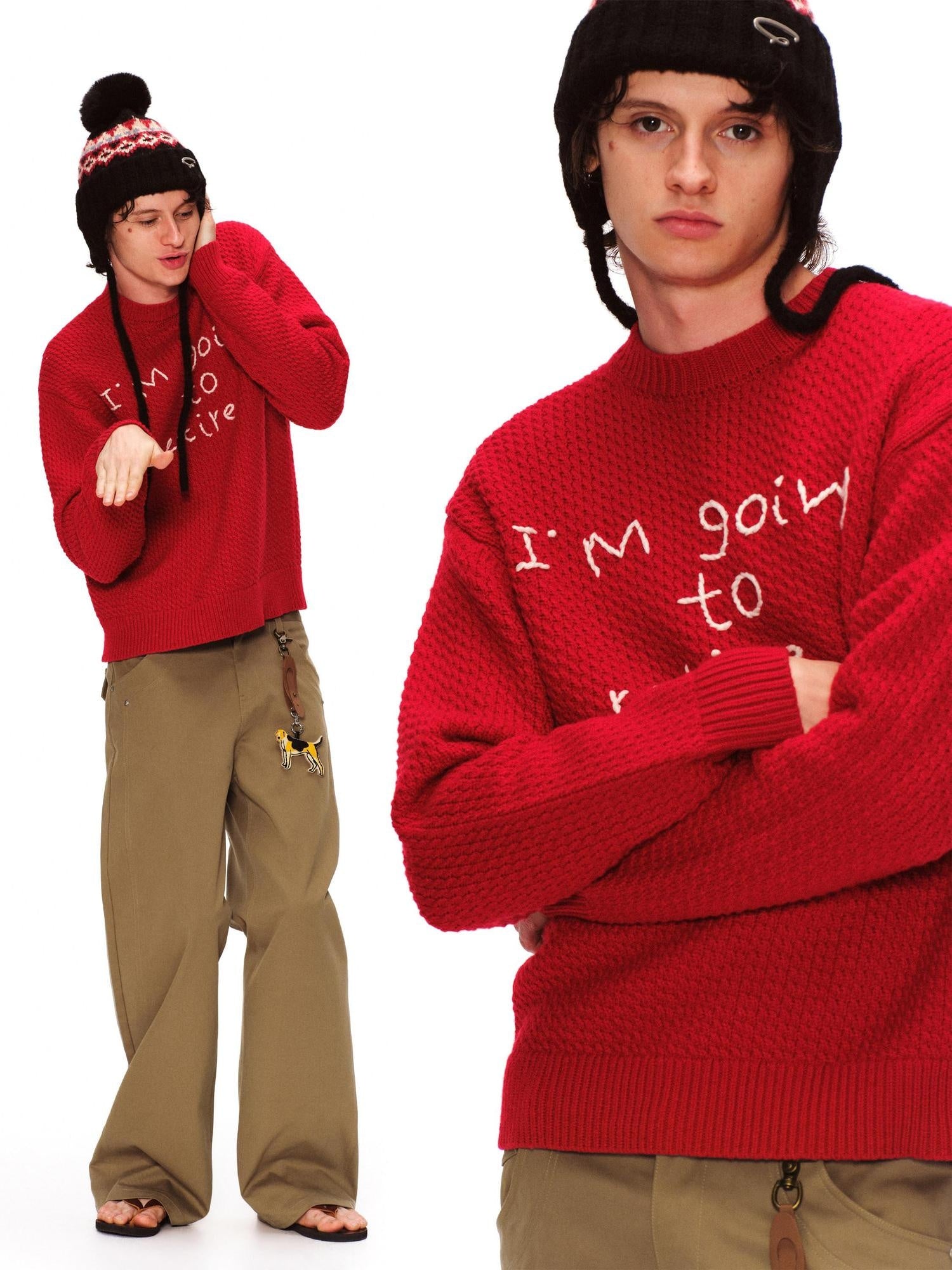 RUN TO THE FUTURE Cozy Knit Casual Loose Fit Printed Crewneck Women New Year Red Sweaters
