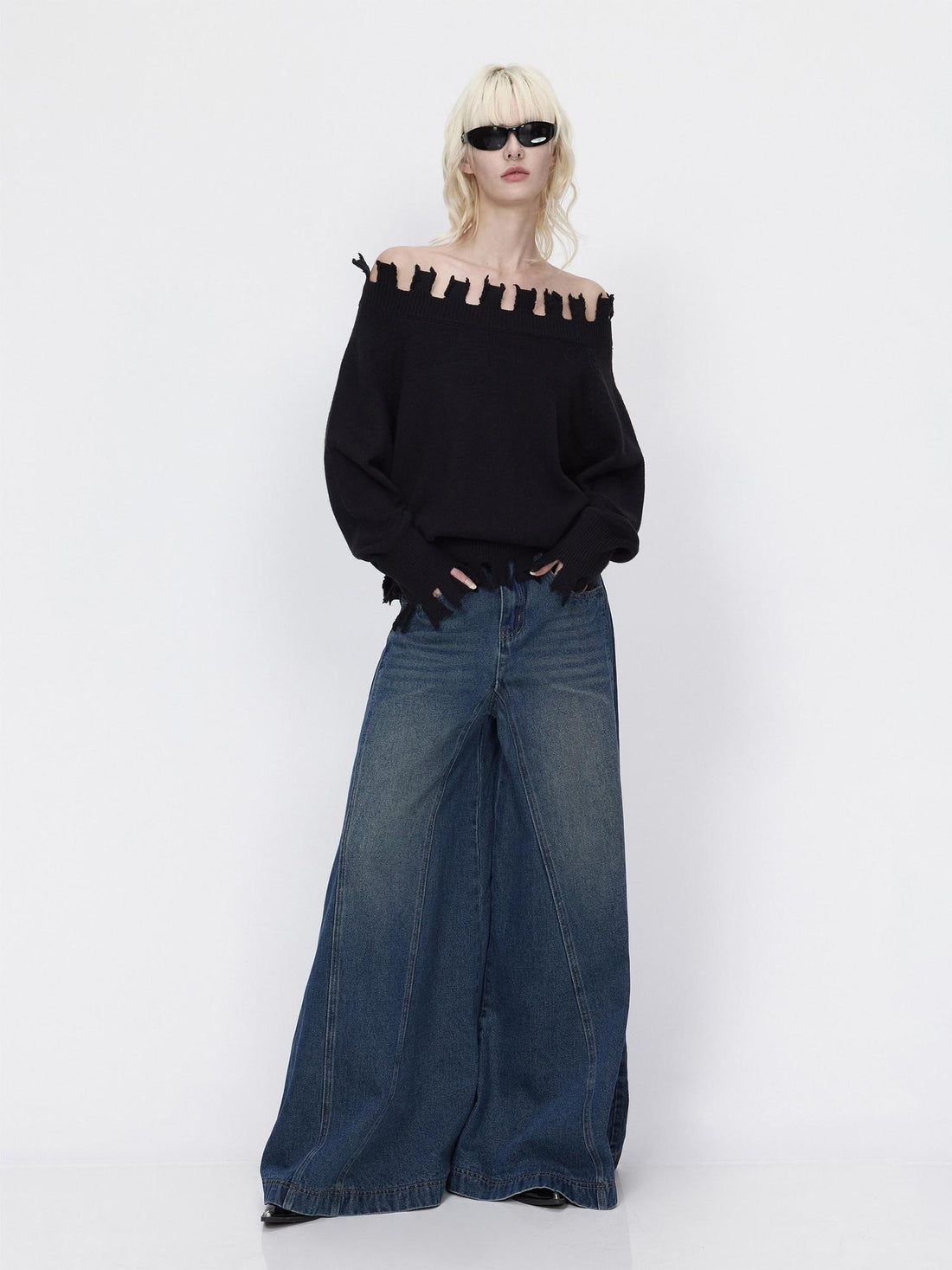 RUN TO THE FUTURE Cozy Thermal Boat Neck Straight Cut Openwork Workwear Black Knit Sweaters