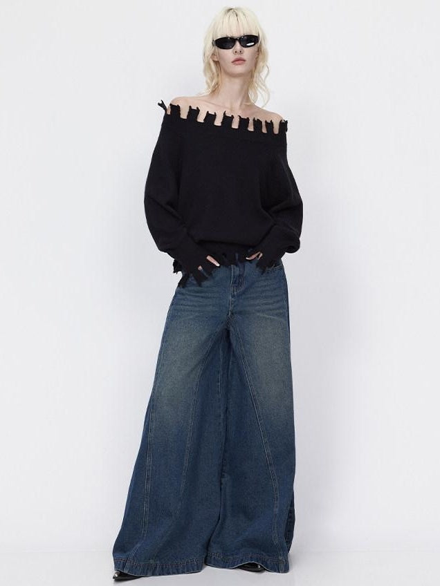 RUN TO THE FUTURE Cozy Thermal Boat Neck Straight Cut Openwork Workwear Black Knit Sweaters