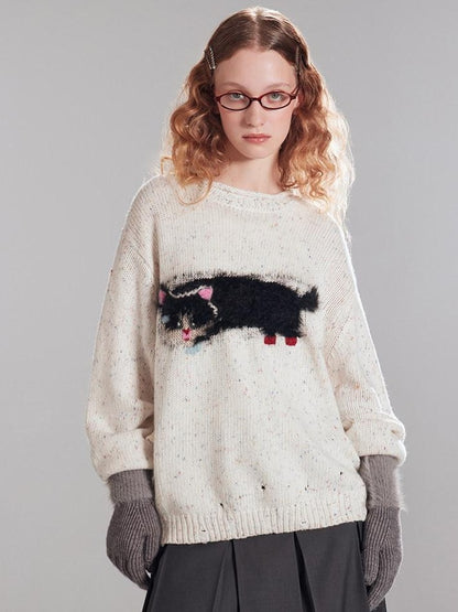 RUN TO THE FUTURE Cozy Thermal Relaxed Fit Commuter Round Neck Cute Animal Acrylic Blend Sweaters