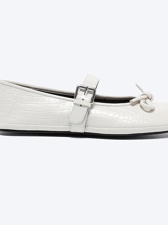 RUN TO THE FUTURE Crocodile Embossed Bow One Strap Low Vamp Mary Jane Women&