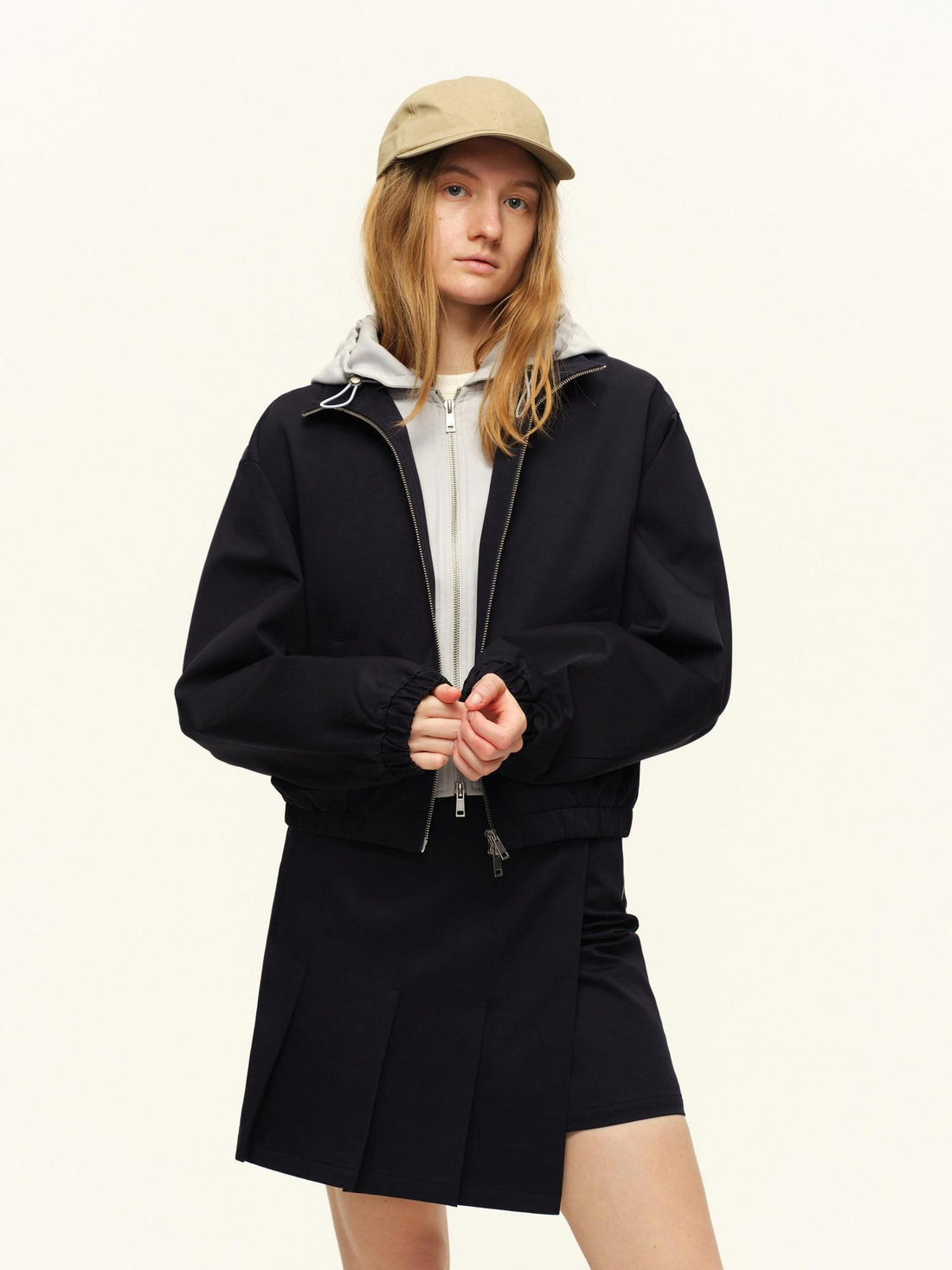 RUN TO THE FUTURE Cropped Contrast Zip Cardigan Long Sleeve Casual Mid Waist Top &amp; Skirt Sets