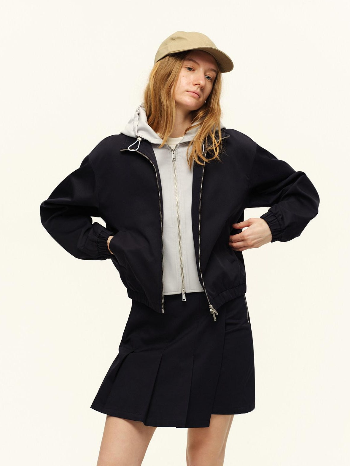 RUN TO THE FUTURE Cropped Contrast Zip Cardigan Long Sleeve Casual Mid Waist Top &amp; Skirt Sets