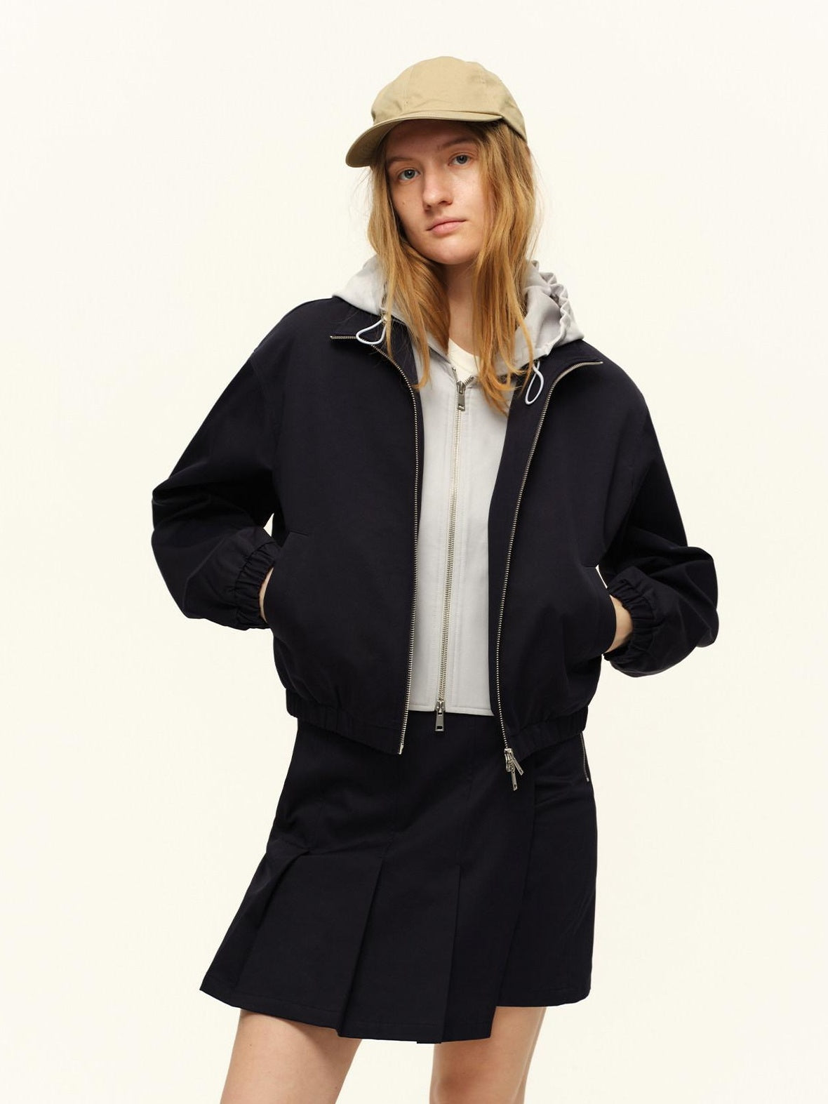 RUN TO THE FUTURE Cropped Contrast Zip Cardigan Long Sleeve Casual Mid Waist Top &amp; Skirt Sets