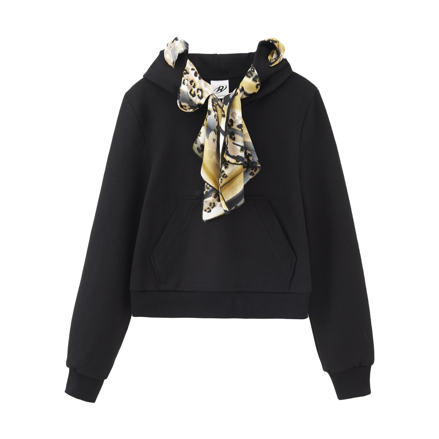 RUN TO THE FUTURE Cropped Slim Tie Detail Commuter Hooded Cotton Blend Meteor Black Hoodies