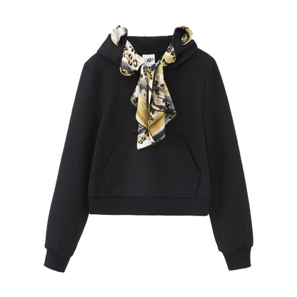 RUN TO THE FUTURE Cropped Slim Tie Detail Commuter Hooded Cotton Blend Meteor Black Hoodies