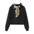 RUN TO THE FUTURE Cropped Slim Tie Detail Commuter Hooded Cotton Blend Meteor Black Hoodies