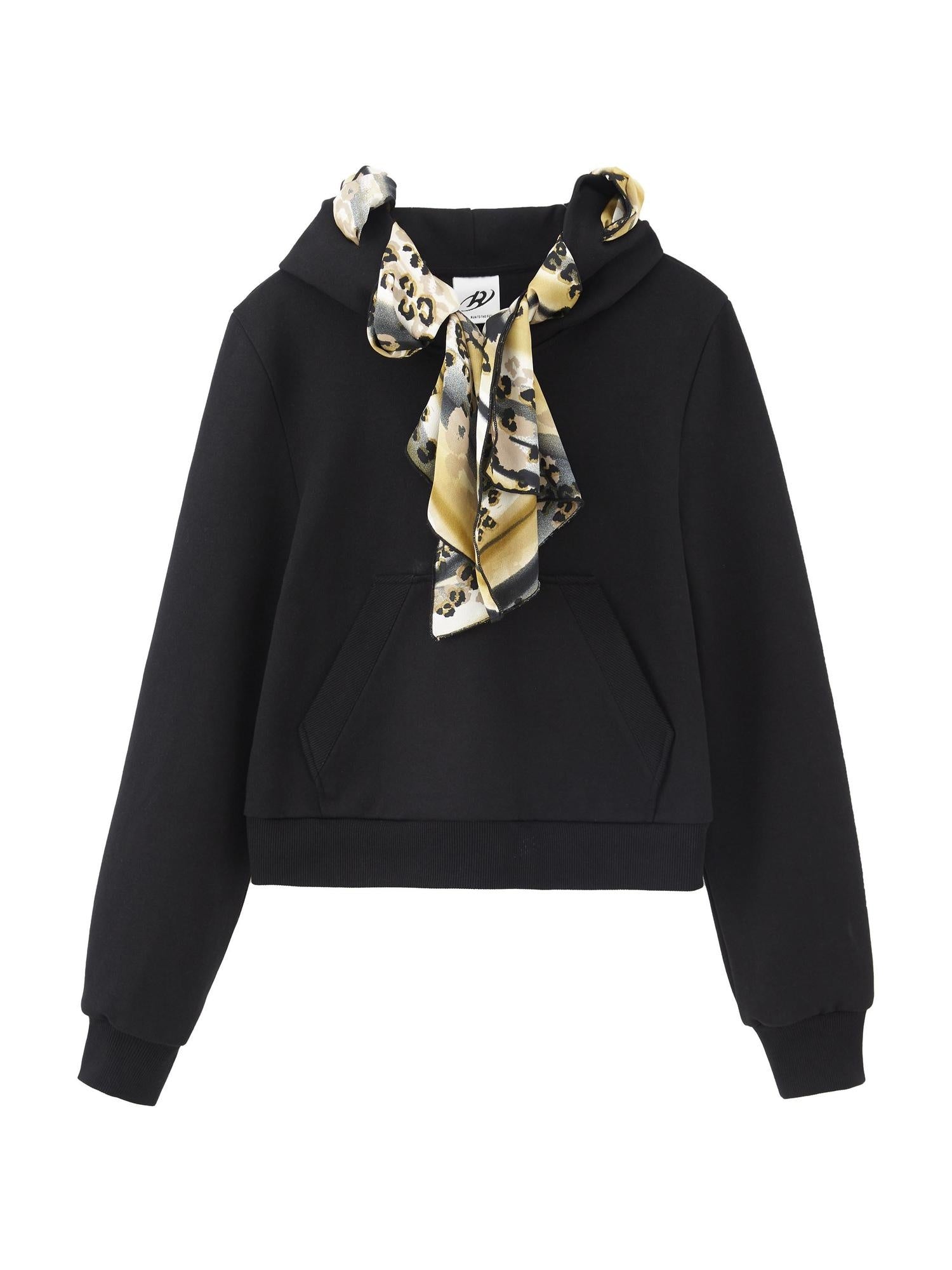 RUN TO THE FUTURE Cropped Slim Tie Detail Commuter Hooded Cotton Blend Meteor Black Hoodies