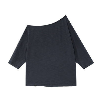 RUN_TO_THE_FUTURE_Deep_Gray_Slub_Texture_Asymmetric_Shoulder_Women&