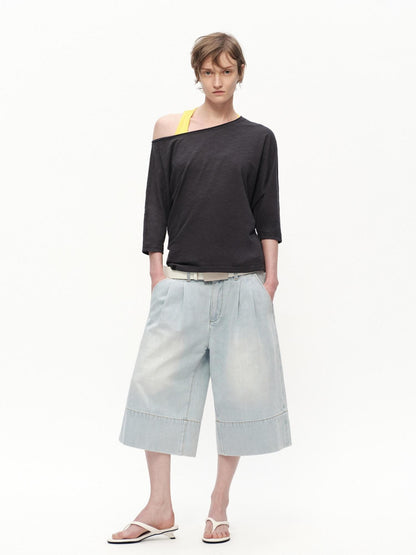 RUN TO THE FUTURE Deep Gray Slub Texture Asymmetric Shoulder Women&