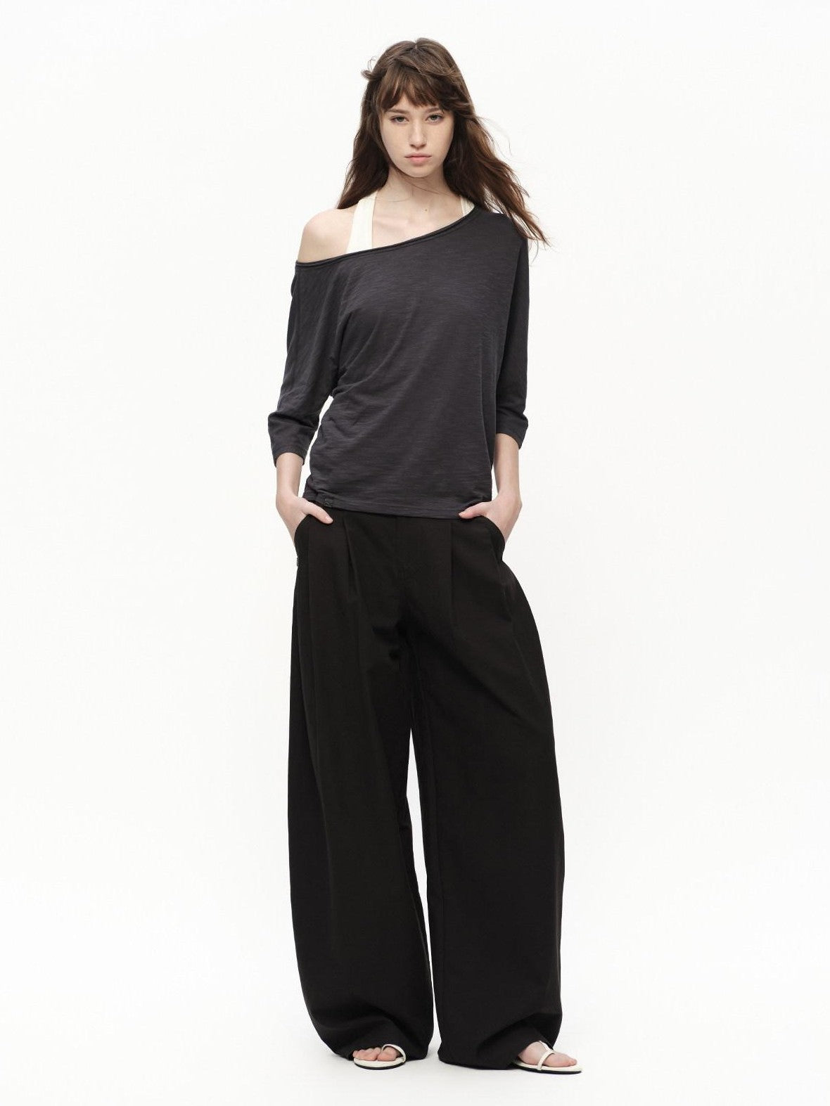 RUN TO THE FUTURE Deep Gray Slub Texture Asymmetric Shoulder Women&