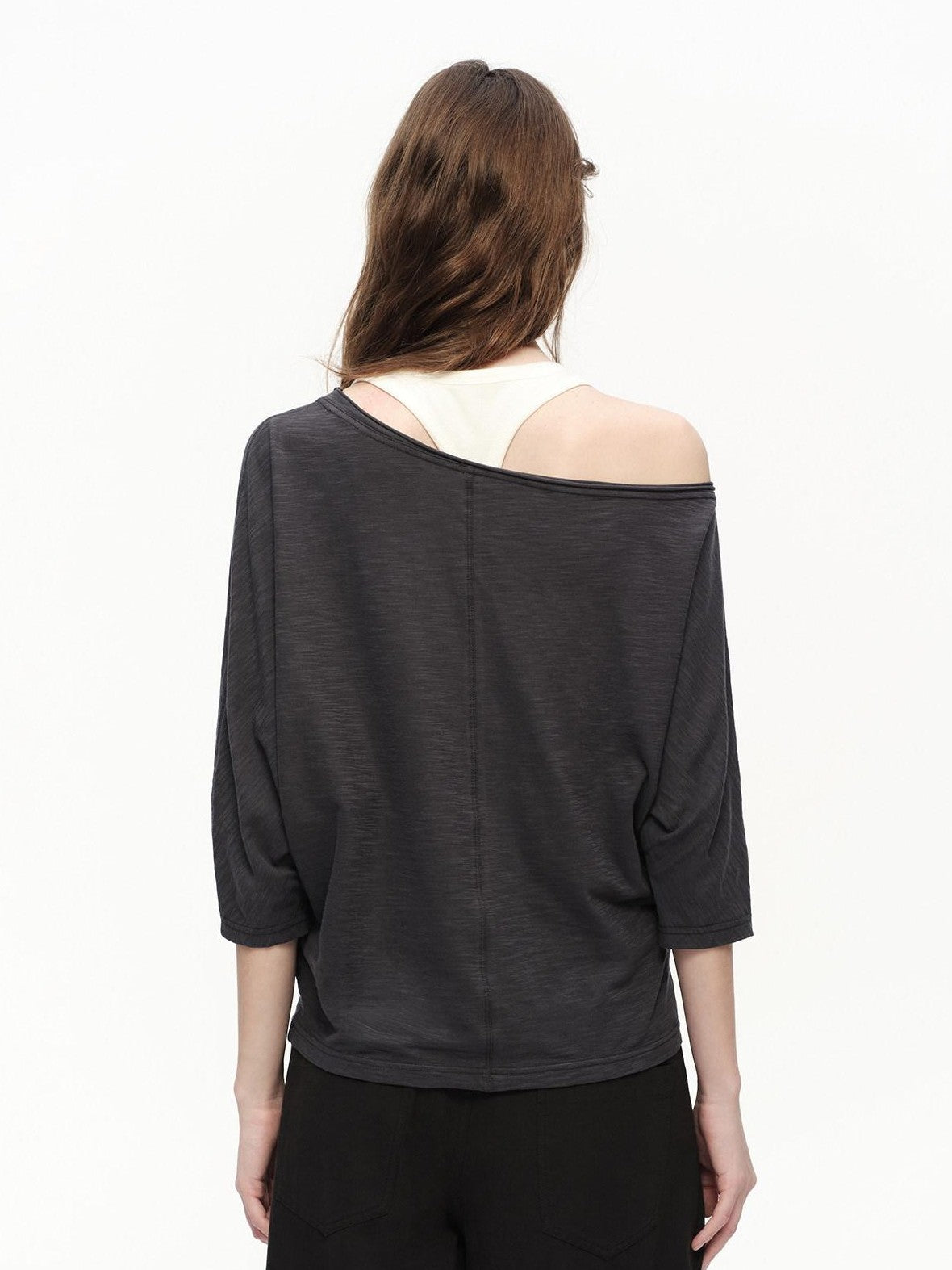 RUN TO THE FUTURE Deep Gray Slub Texture Asymmetric Shoulder Women&