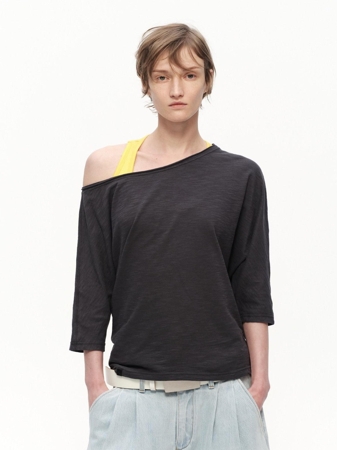 RUN TO THE FUTURE Deep Gray Slub Texture Asymmetric Shoulder Women&