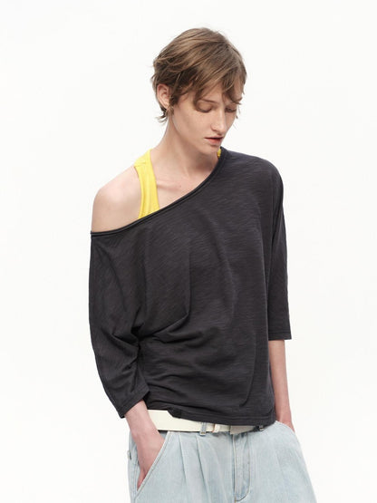 RUN TO THE FUTURE Deep Gray Slub Texture Asymmetric Shoulder Women&