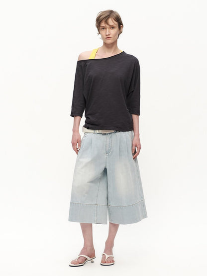 RUN TO THE FUTURE Deep Gray Slub Texture Asymmetric Shoulder Women&