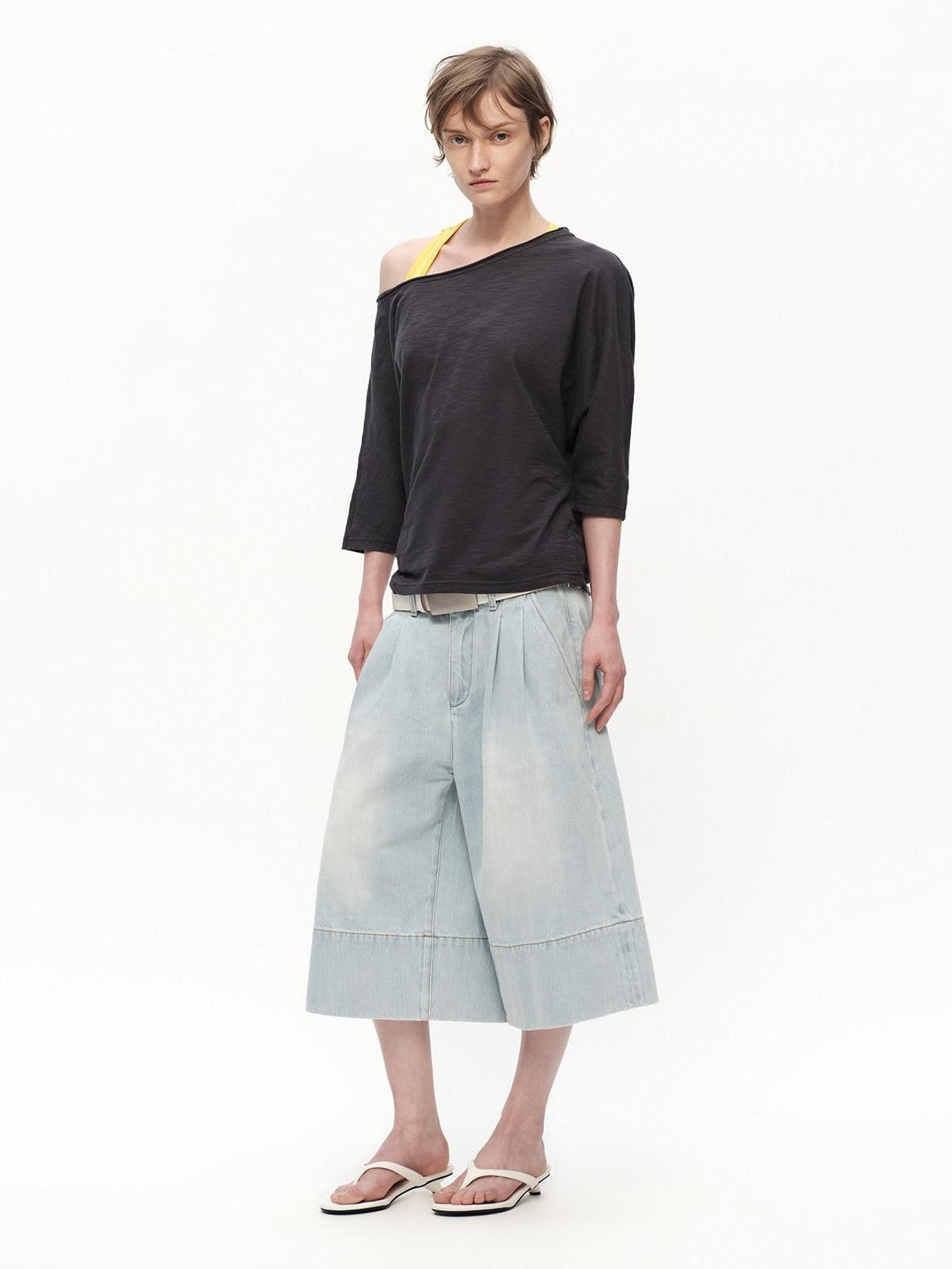 RUN TO THE FUTURE Deep Gray Slub Texture Asymmetric Shoulder Women&